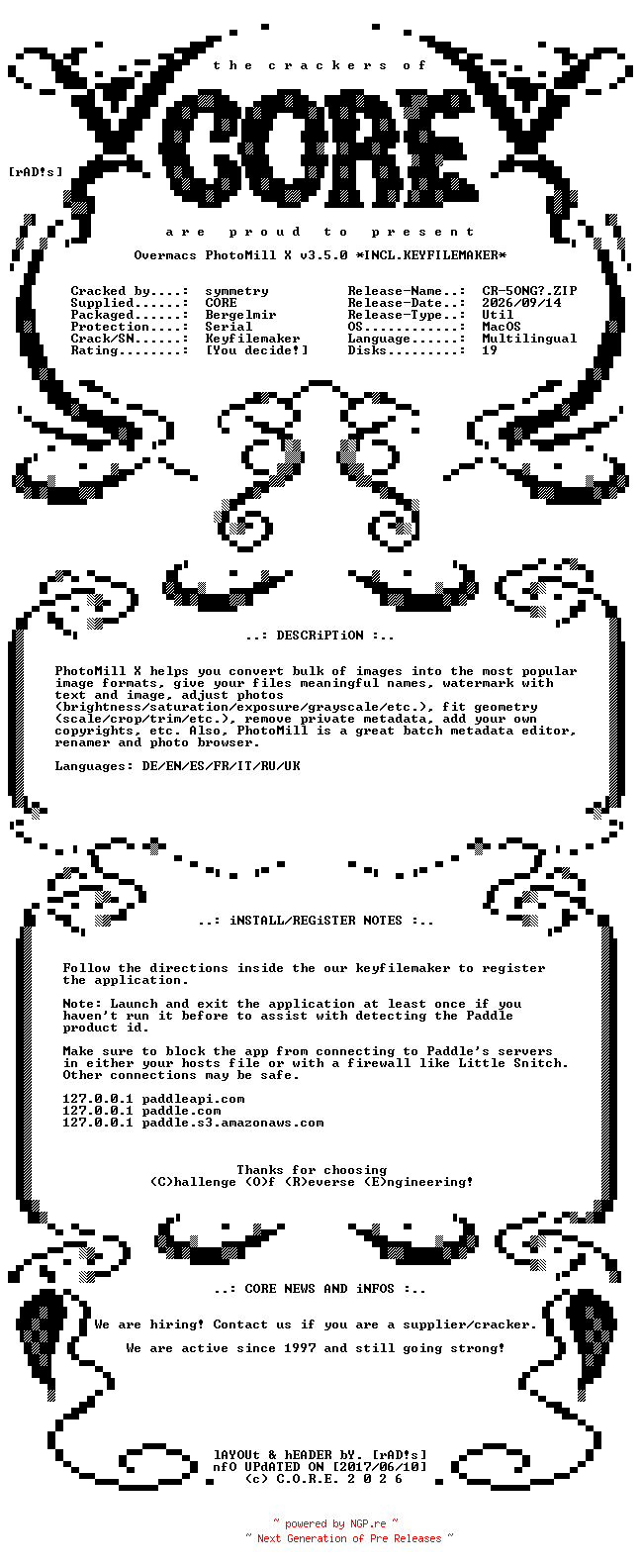 NFO for the release Overmacs.PhotoMill.X.v3.5.0.MacOS.UB.Multilingual.Incl.Keyfilemaker-CORE by CORE