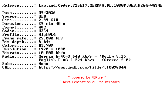 NFO for the release Law.and.Order.S25E17.GERMAN.DL.1080P.WEB.H264-WAYNE by WAYNE