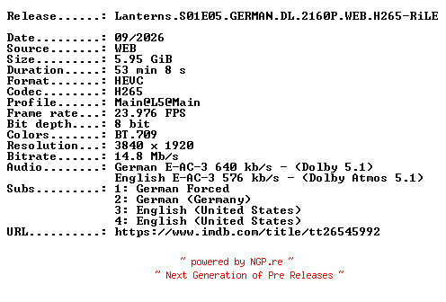 NFO for the release Lanterns.S01E05.GERMAN.DL.2160P.WEB.H265-RiLE by RiLE