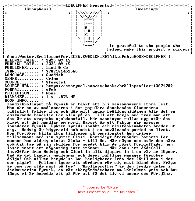 NFO for the release Anna.Wester.Brollopsoffer.2026.SWEDiSH.RETAiL.ePub.eBOOK-DECiPHER by DECiPHER