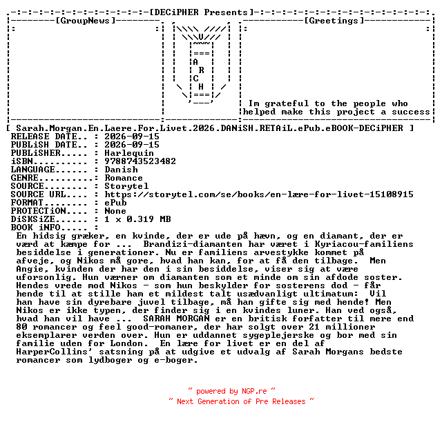 NFO for the release Sarah.Morgan.En.Laere.For.Livet.2026.DANiSH.RETAiL.ePub.eBOOK-DECiPHER by DECiPHER