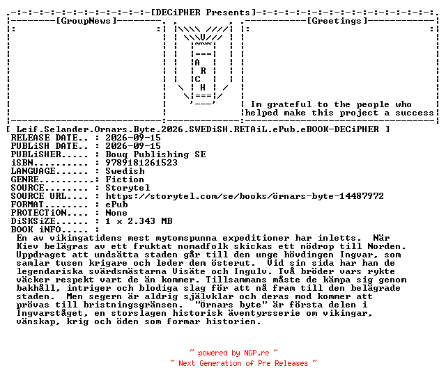 NFO for the release Leif.Selander.Ornars.Byte.2026.SWEDiSH.RETAiL.ePub.eBOOK-DECiPHER by DECiPHER