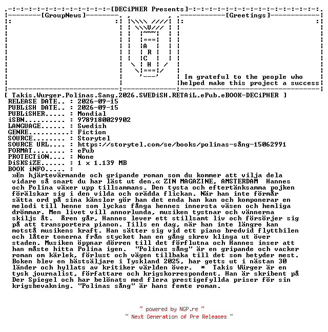 NFO for the release Takis.Wurger.Polinas.Sang.2026.SWEDiSH.RETAiL.ePub.eBOOK-DECiPHER by DECiPHER