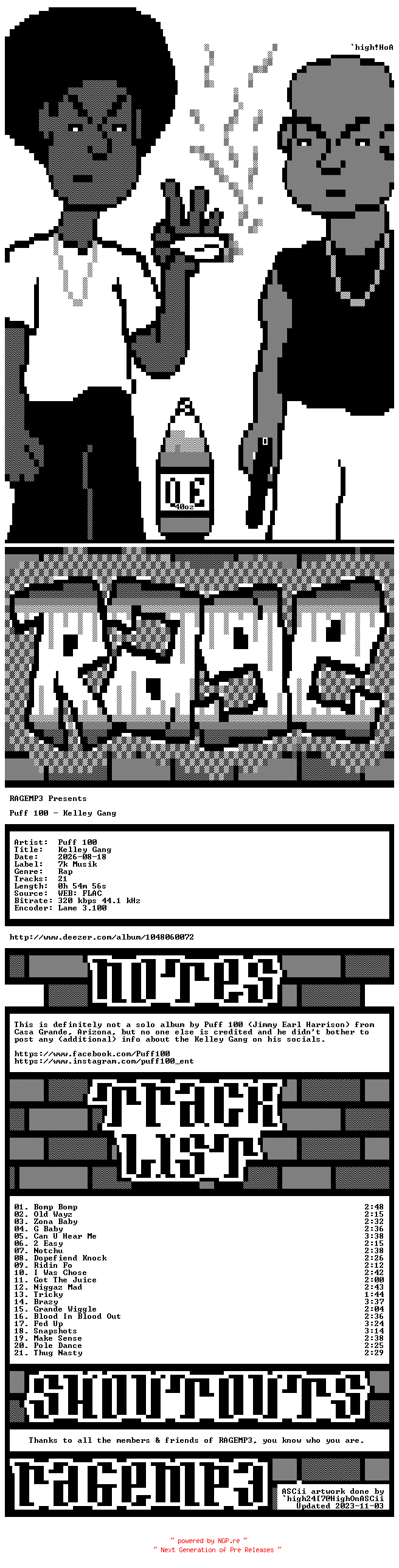 NFO for the release Puff_100-Kelley_Gang-WEB-2026-RAGEMP3 by RAGEMP3