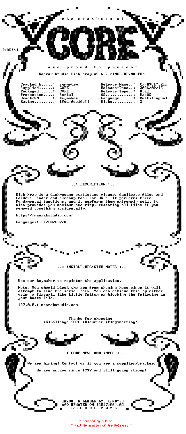 NFO for the release Naarak.Studio.Disk.Xray.v5.6.2.MacOS.UB.Multilingual.Incl.Keymaker-CORE by CORE