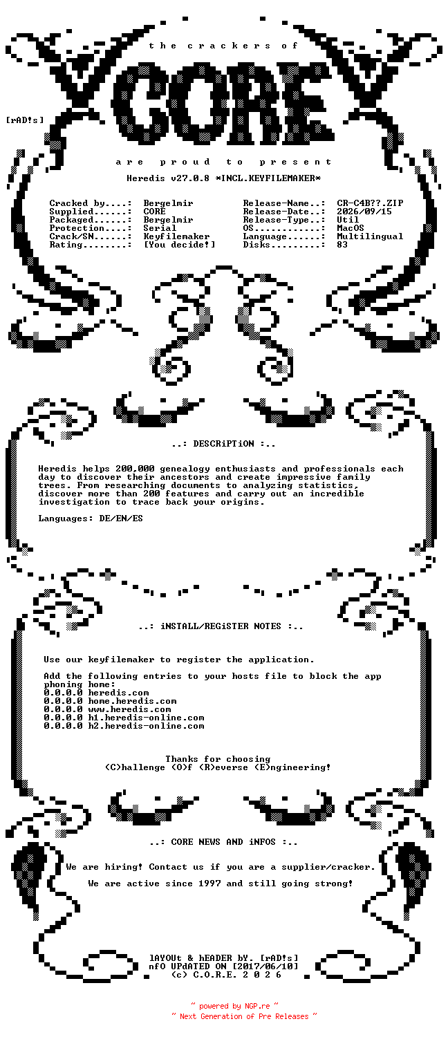 NFO for the release Heredis.v27.0.8.MacOS.UB.Multilingual.Incl.Keyfilemaker-CORE by CORE