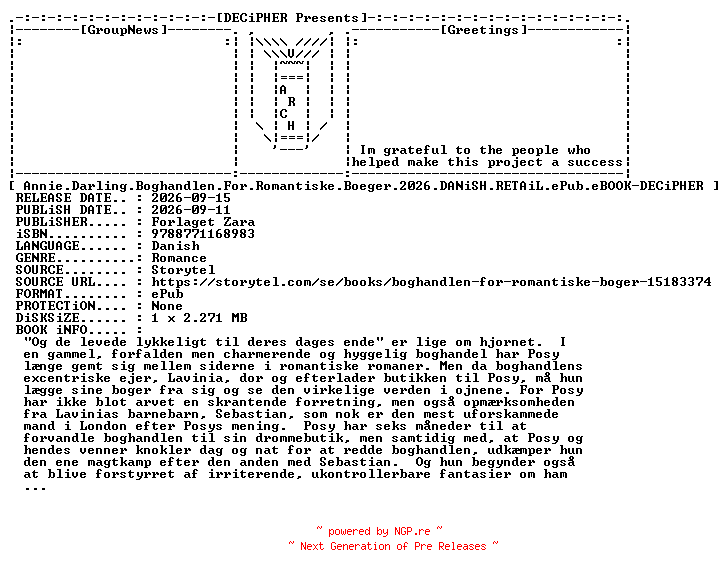 NFO for the release Annie.Darling.Boghandlen.For.Romantiske.Boeger.2026.DANiSH.RETAiL.ePub.eBOOK-DECiPHER by DECiPHER