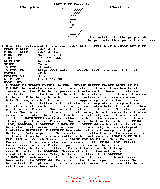 NFO for the release Birgitte.Vestermark.Andemageren.2026.DANiSH.RETAiL.ePub.eBOOK-DECiPHER by DECiPHER