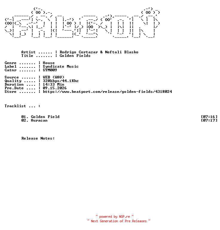 NFO for the release Rodrigo_Cortazar_And_Neftali_Blasko-Golden_Fields-(SYM009)-WEB-2023-FALCON by FALCON