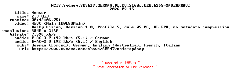 NFO for the release NCIS.Sydney.S03E19.GERMAN.DL.DV.2160p.WEB.h265-SAUERKRAUT by SAUERKRAUT