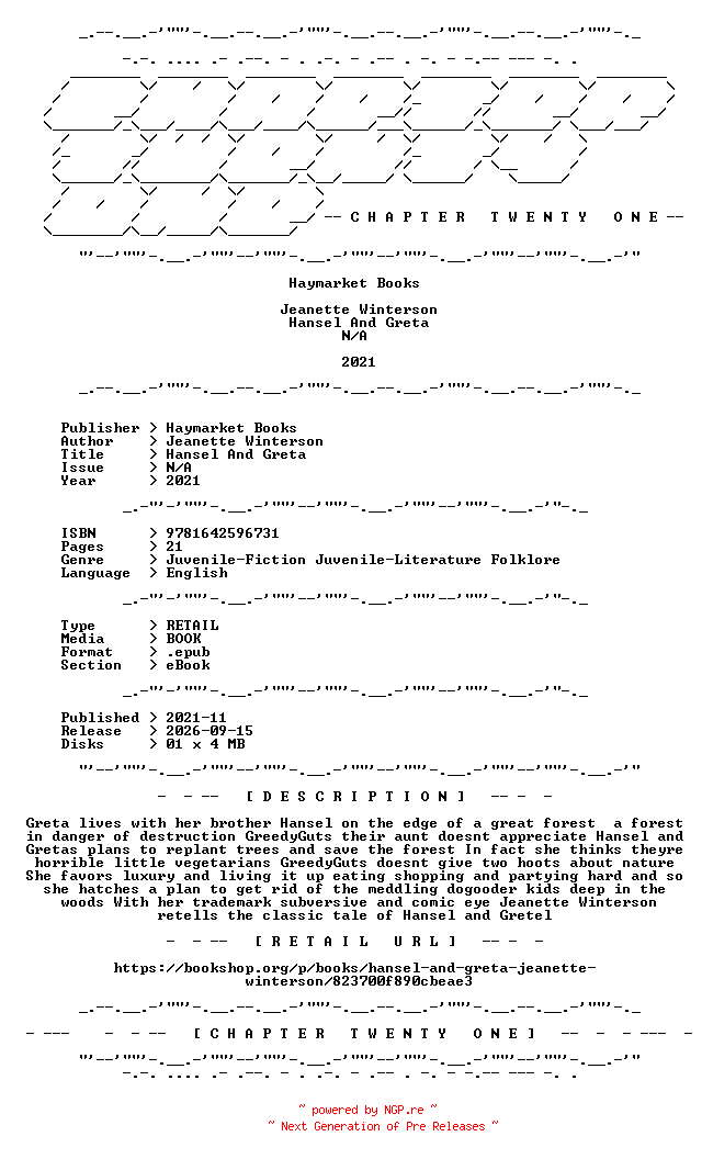 NFO for the release Jeanette.Winterson.-.Hansel.And.Greta.2021.RETAIL.EPUB.eBook-CTO by CTO