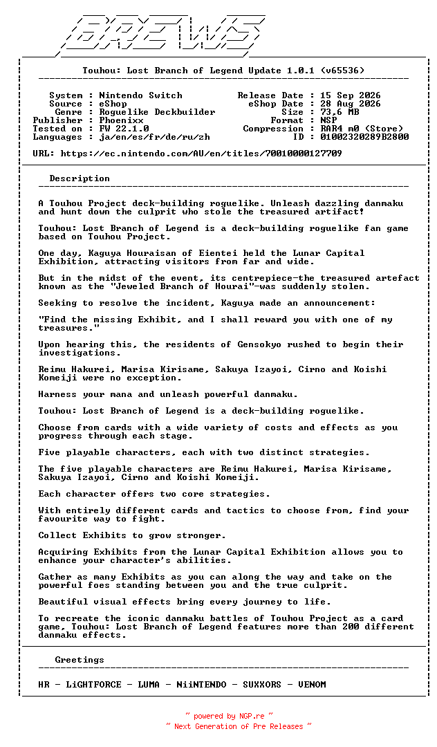 NFO for the release Touhou_Lost_Branch_of_Legend_Update_v1.0.1_NSW-BREWS by BREWS