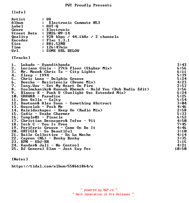 NFO for the release VA-Electronic_Commute_053-16BIT-WEB-FLAC-2026-PWT by PWT