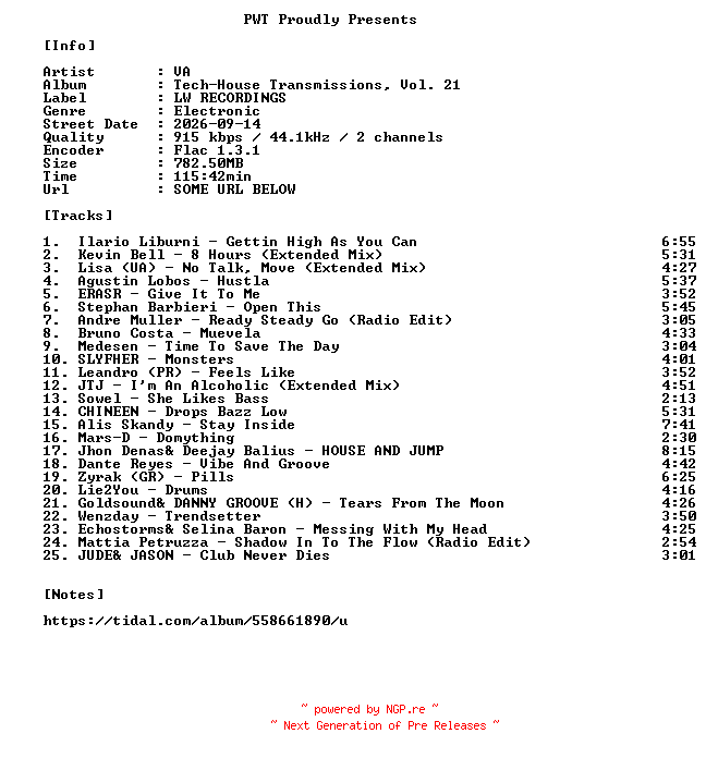 NFO for the release VA-Tech-House_Transmissions_Vol._21-16BIT-WEB-FLAC-2026-PWT by PWT