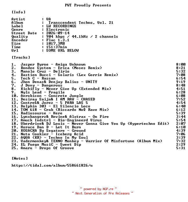 NFO for the release VA-Transcendent_Techno_Vol._21-16BIT-WEB-FLAC-2026-PWT by PWT