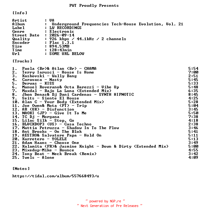 NFO for the release VA-Underground_Frequencies_Tech-House_Evolution_Vol._21-16BIT-WEB-FLAC-2026-PWT by PWT