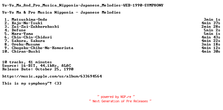 NFO for the release Yo-Yo_Ma_And_Pro_Musica_Nipponia-Japanese_Melodies-WEB-1990-SYMPHONY by SYMPHONY