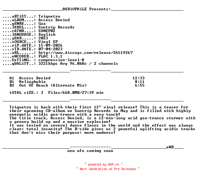 NFO for the release Triquetra-Access_Denied-(SUNEP02)-EP-FLAC-2023-AUDiOPHiLE by AUDiOPHiLE