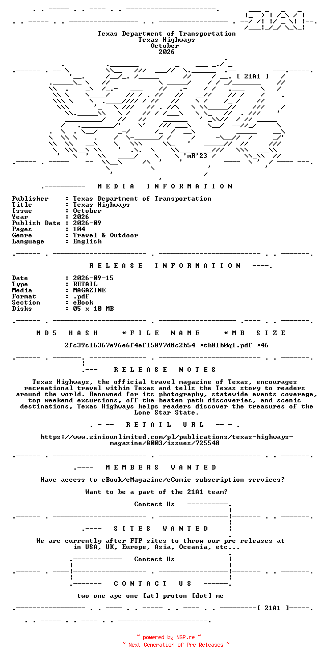 NFO for the release Texas.Highways.October.2026.RETAIL.MAGAZINE.eBook-21A1 by 21A1