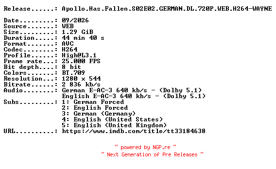NFO for the release Apollo.Has.Fallen.S02E02.GERMAN.DL.720P.WEB.H264-WAYNE by WAYNE