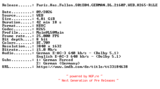NFO for the release Paris.Has.Fallen.S01E04.GERMAN.DL.2160P.WEB.H265-RiLE by RiLE