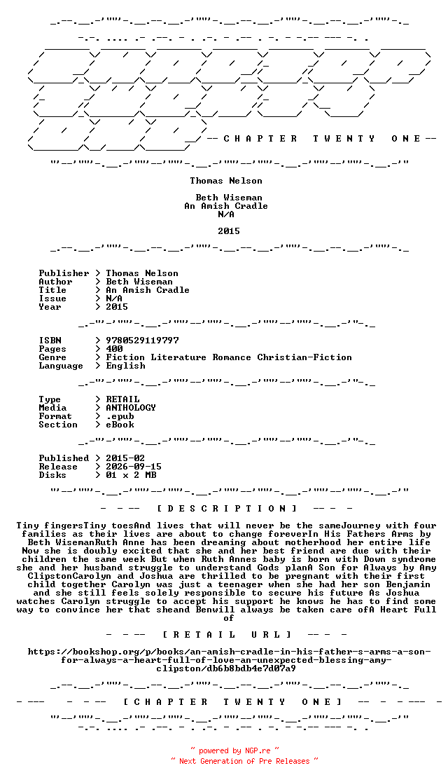 NFO for the release Thomas.Nelson.-.An.Amish.Cradle.2015.RETAIL.EPUB.eBook-CTO by CTO