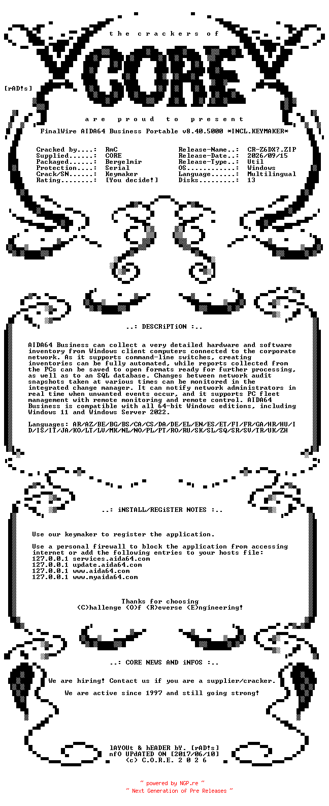 NFO for the release FinalWire.AIDA64.Business.Portable.v8.40.5000.x64.Multilingual.Incl.Keymaker-CORE by CORE