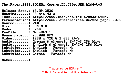NFO for the release The.Paper.2025.S02E01.German.DL.720p.WEB.h264-WvF by WvF