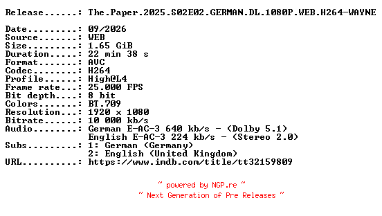 NFO for the release The.Paper.2025.S02E02.GERMAN.DL.1080P.WEB.H264-WAYNE by WAYNE