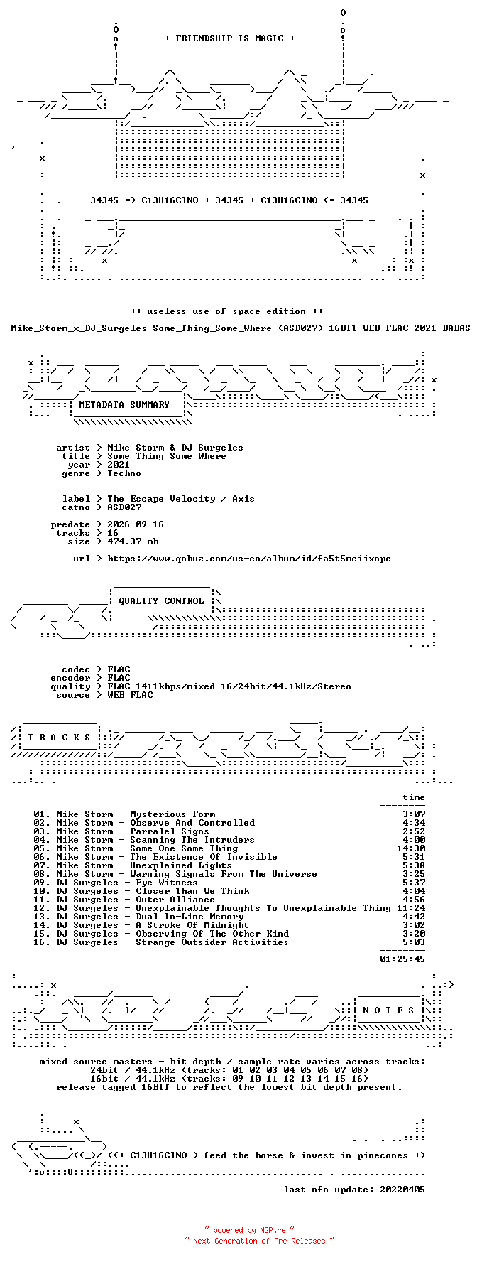 NFO for the release Mike_Storm_x_DJ_Surgeles-Some_Thing_Some_Where-(ASD027)-16BIT-WEB-FLAC-2021-BABAS by BABAS