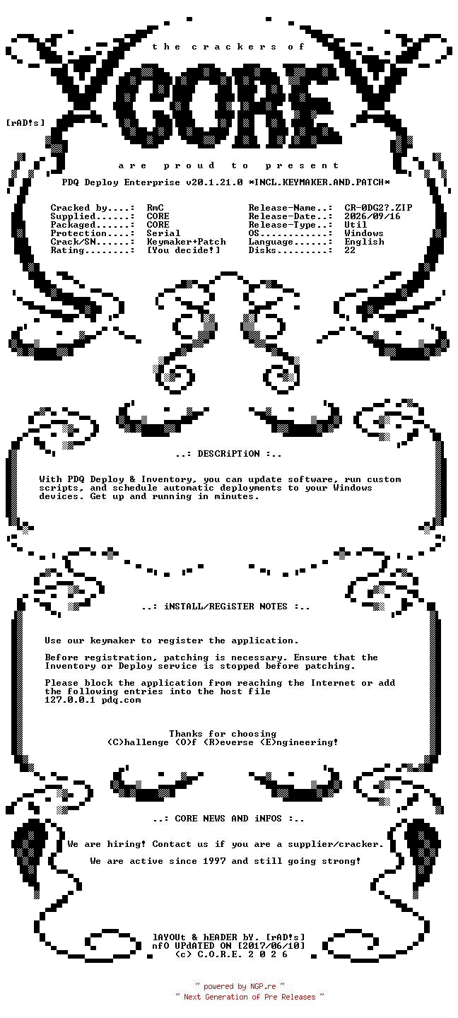NFO for the release PDQ.Deploy.Enterprise.v20.1.21.0.Incl.Keymaker.and.Patch-CORE by CORE