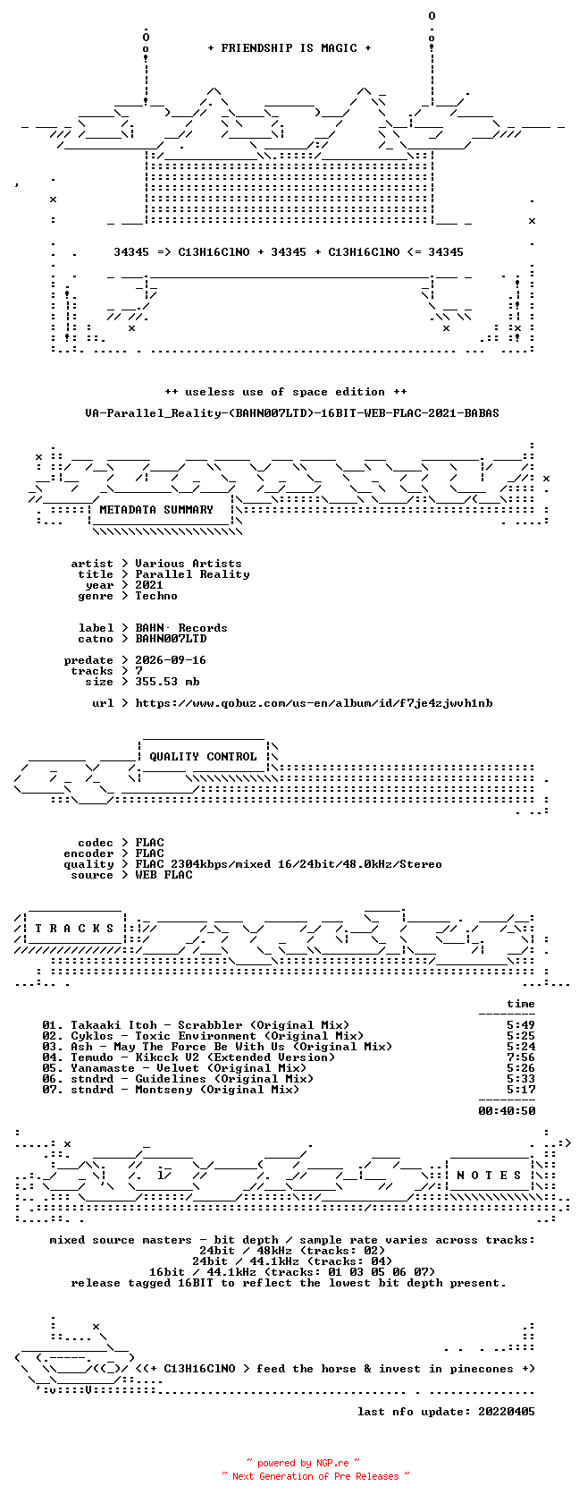 NFO for the release VA-Parallel_Reality-(BAHN007LTD)-16BIT-WEB-FLAC-2021-BABAS by BABAS