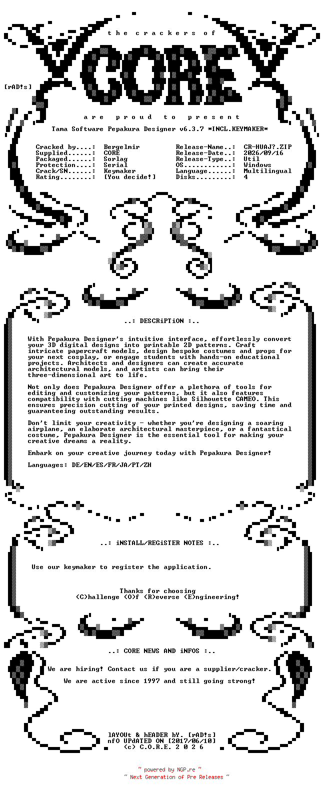 NFO for the release Tama.Software.Pepakura.Designer.v6.3.7.x64.Multilingual.Incl.Keymaker-CORE by CORE