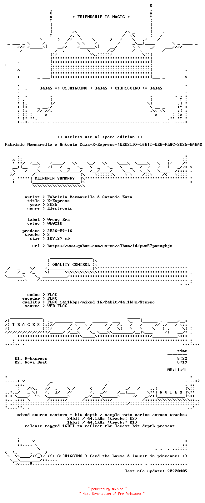 NFO for the release Fabrizio_Mammarella_x_Antonio_Zuza-K-Express-(WE021D)-16BIT-WEB-FLAC-2025-BABAS by BABAS