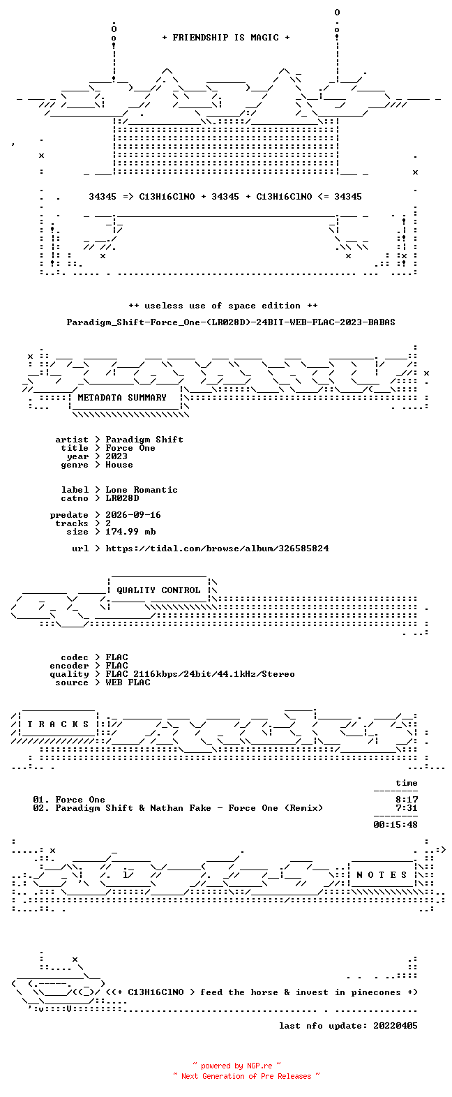 NFO for the release Paradigm_Shift-Force_One-(LR028D)-24BIT-WEB-FLAC-2023-BABAS by BABAS