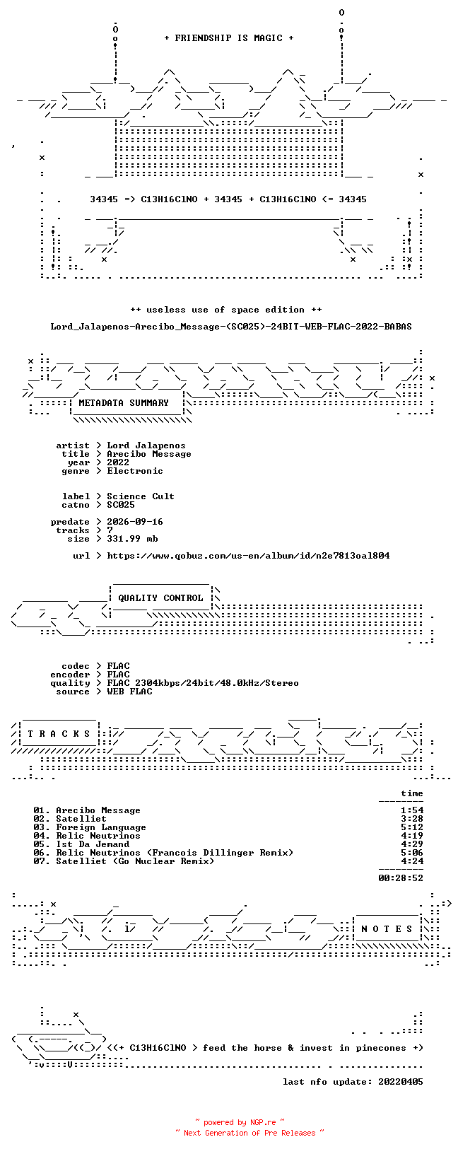 NFO for the release Lord_Jalapenos-Arecibo_Message-(SC025)-24BIT-WEB-FLAC-2022-BABAS by BABAS