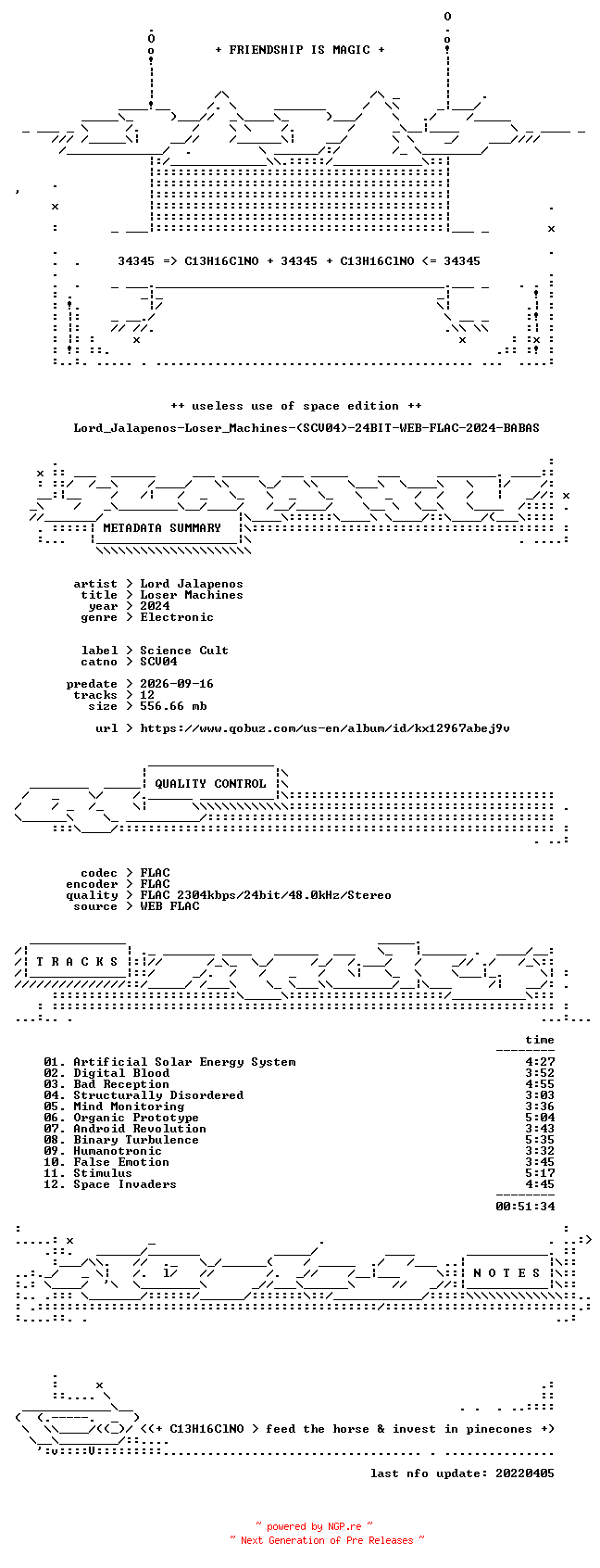 NFO for the release Lord_Jalapenos-Loser_Machines-(SCV04)-24BIT-WEB-FLAC-2024-BABAS by BABAS