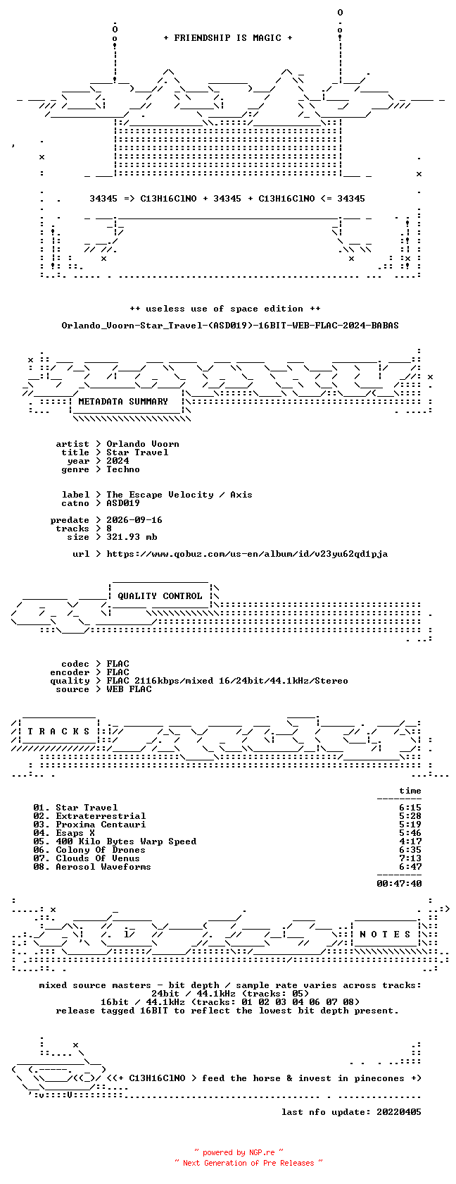 NFO for the release Orlando_Voorn-Star_Travel-(ASD019)-16BIT-WEB-FLAC-2024-BABAS by BABAS