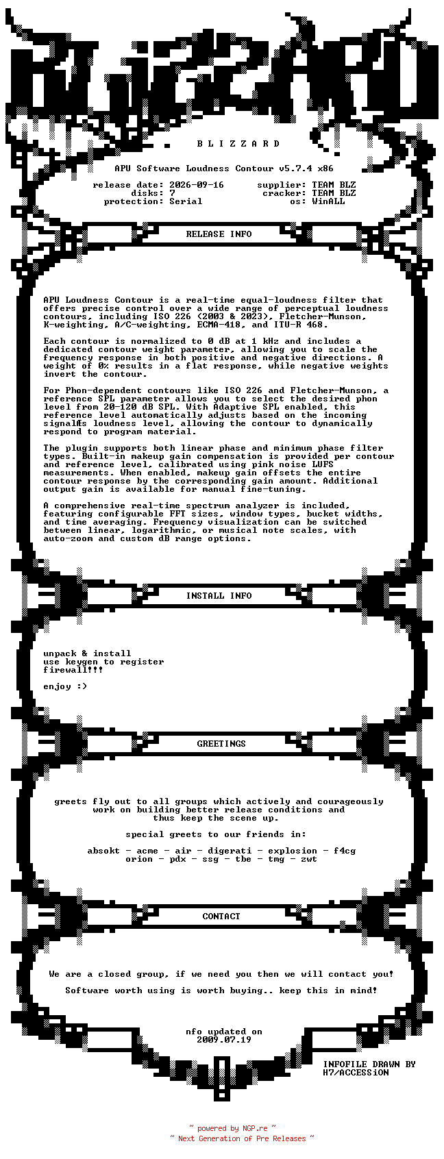 NFO for the release APU.Software.Loudness.Contour.v5.7.4.x86.WinALL.Incl.Keygen-BLiZZARD by BLiZZARD