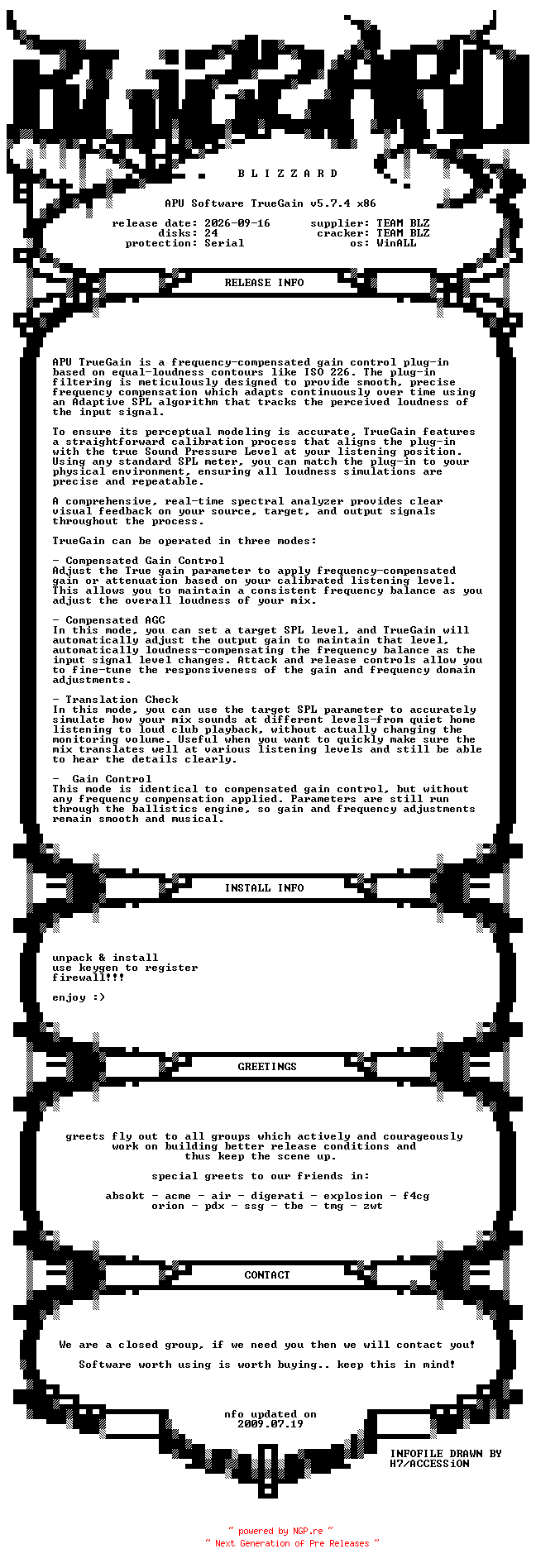 NFO for the release APU.Software.TrueGain.v5.7.4.x86.WinALL.Incl.Keygen-BLiZZARD by BLiZZARD