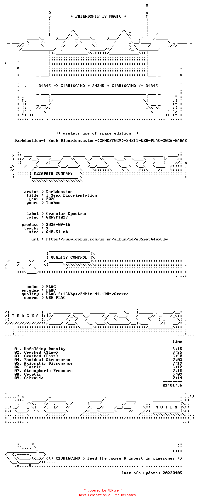 NFO for the release Darkduction-I_Seek_Disorientation-(GRNSPT029)-24BIT-WEB-FLAC-2026-BABAS by BABAS