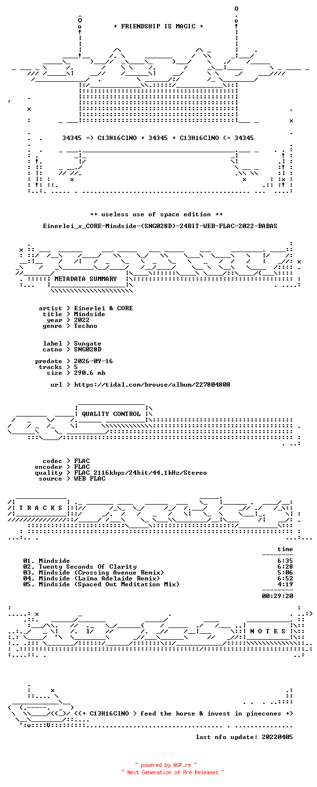 NFO for the release Einerlei_x_CORE-Mindside-(SNG028D)-24BIT-WEB-FLAC-2022-BABAS by BABAS