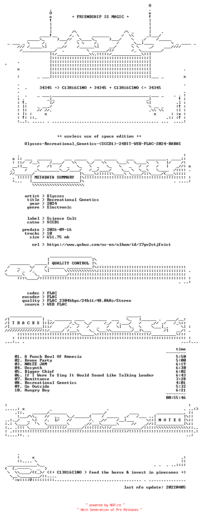 NFO for the release Ulysses-Recreational_Genetics-(SCCD1)-24BIT-WEB-FLAC-2024-BABAS by BABAS