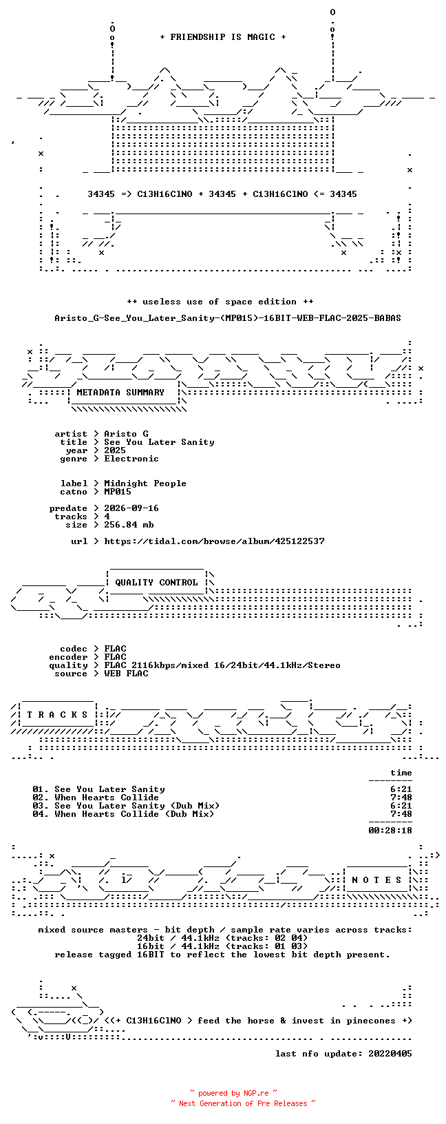 NFO for the release Aristo_G-See_You_Later_Sanity-(MP015)-16BIT-WEB-FLAC-2025-BABAS by BABAS
