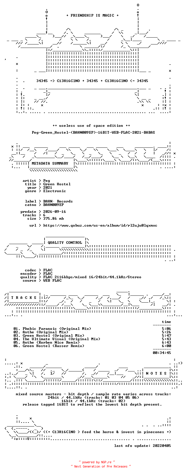NFO for the release Peg-Green_Hostel-(BAHN009EP)-16BIT-WEB-FLAC-2021-BABAS by BABAS