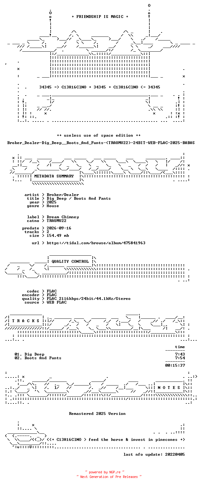NFO for the release Broker_Dealer-Dig_Deep__Boots_And_Pants-(TRAUMV22)-24BIT-WEB-FLAC-2025-BABAS by BABAS