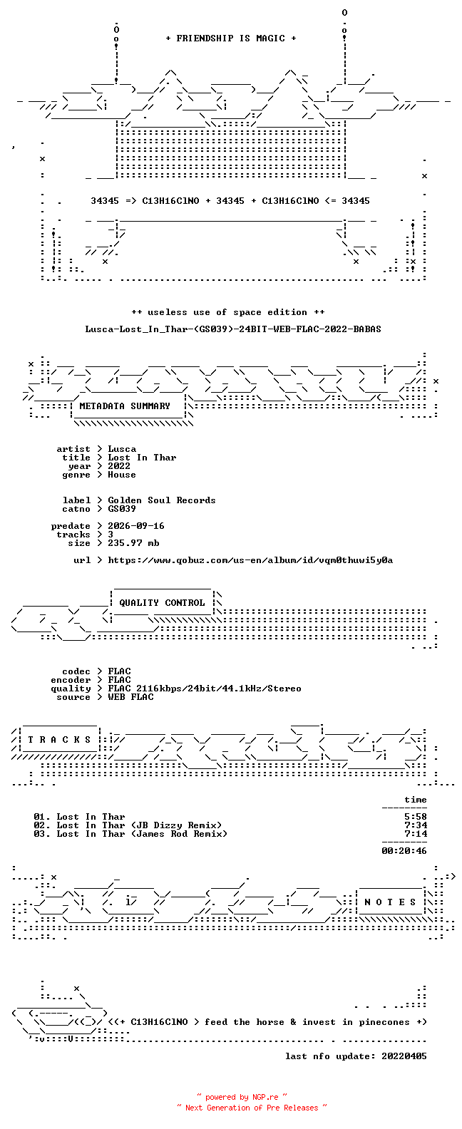 NFO for the release Lusca-Lost_In_Thar-(GS039)-24BIT-WEB-FLAC-2022-BABAS by BABAS