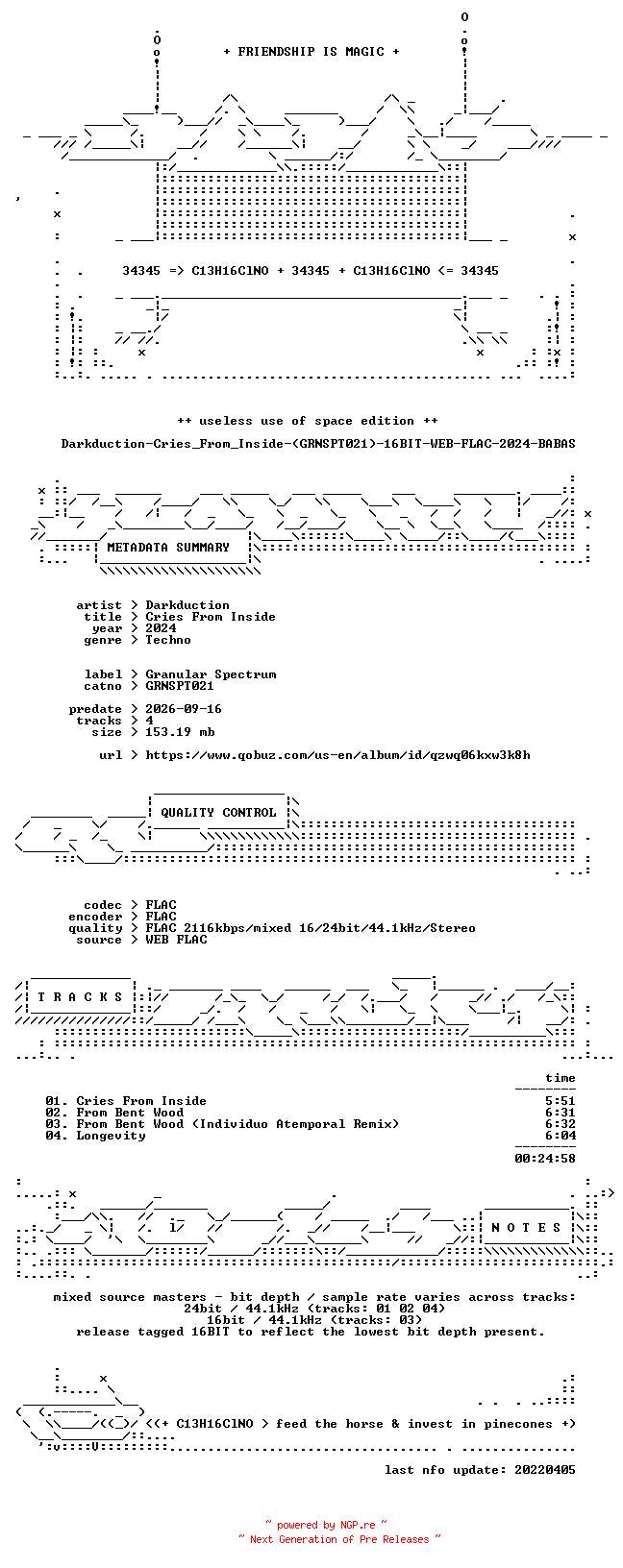 NFO for the release Darkduction-Cries_From_Inside-(GRNSPT021)-16BIT-WEB-FLAC-2024-BABAS by BABAS