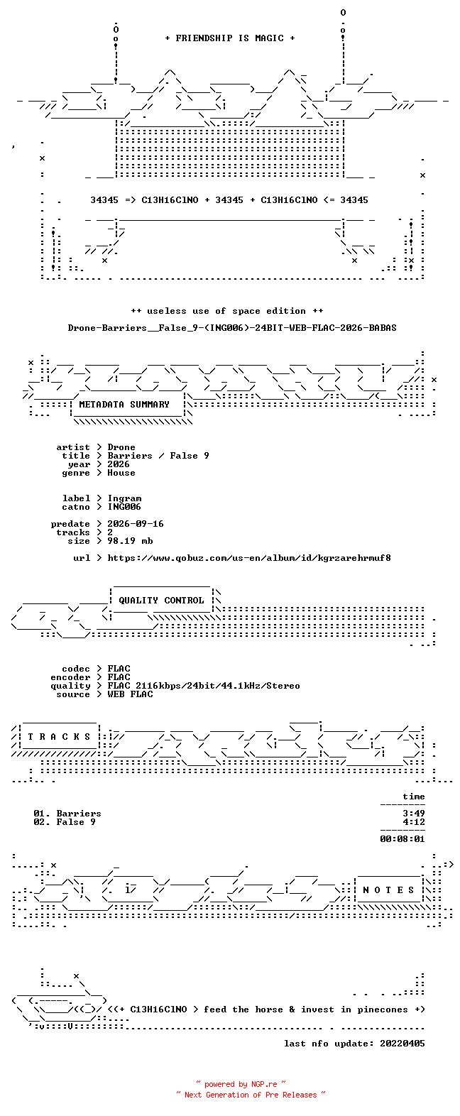 NFO for the release Drone-Barriers__False_9-(ING006)-24BIT-WEB-FLAC-2026-BABAS by BABAS