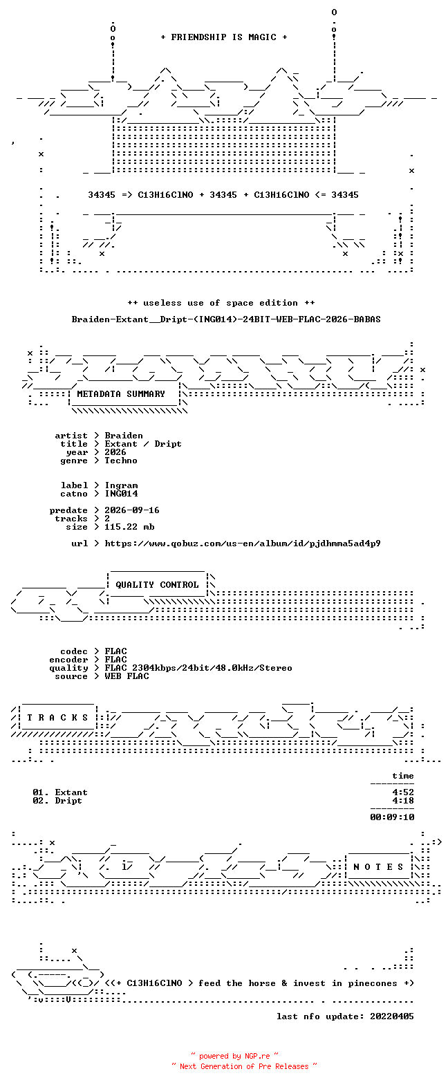 NFO for the release Braiden-Extant__Dript-(ING014)-24BIT-WEB-FLAC-2026-BABAS by BABAS